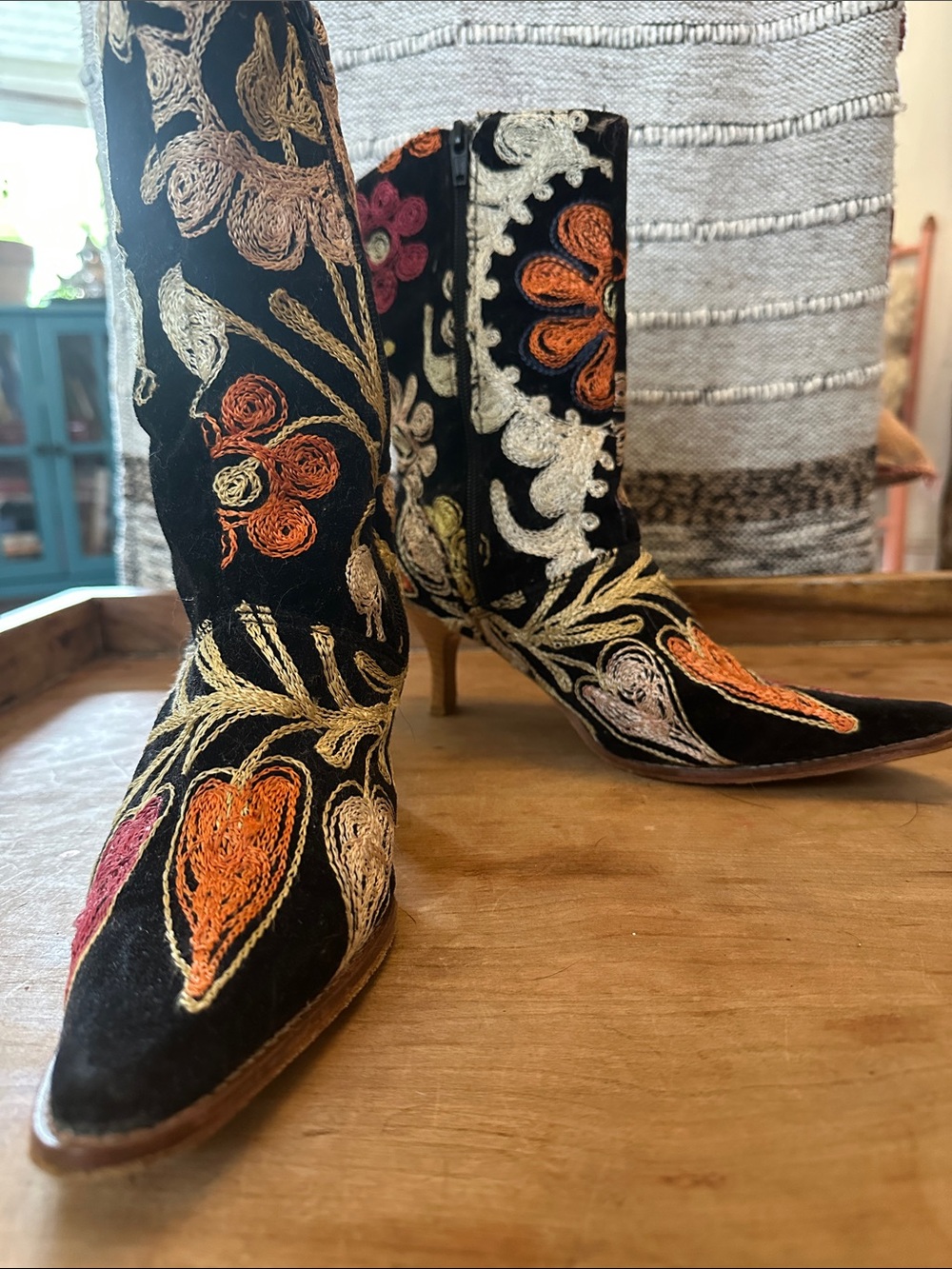 Embroidered Black Velvet Ankle Boots with Multicolor Floral Accents